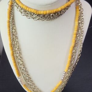 Yellow Beaded and Gold Chain Necklace
